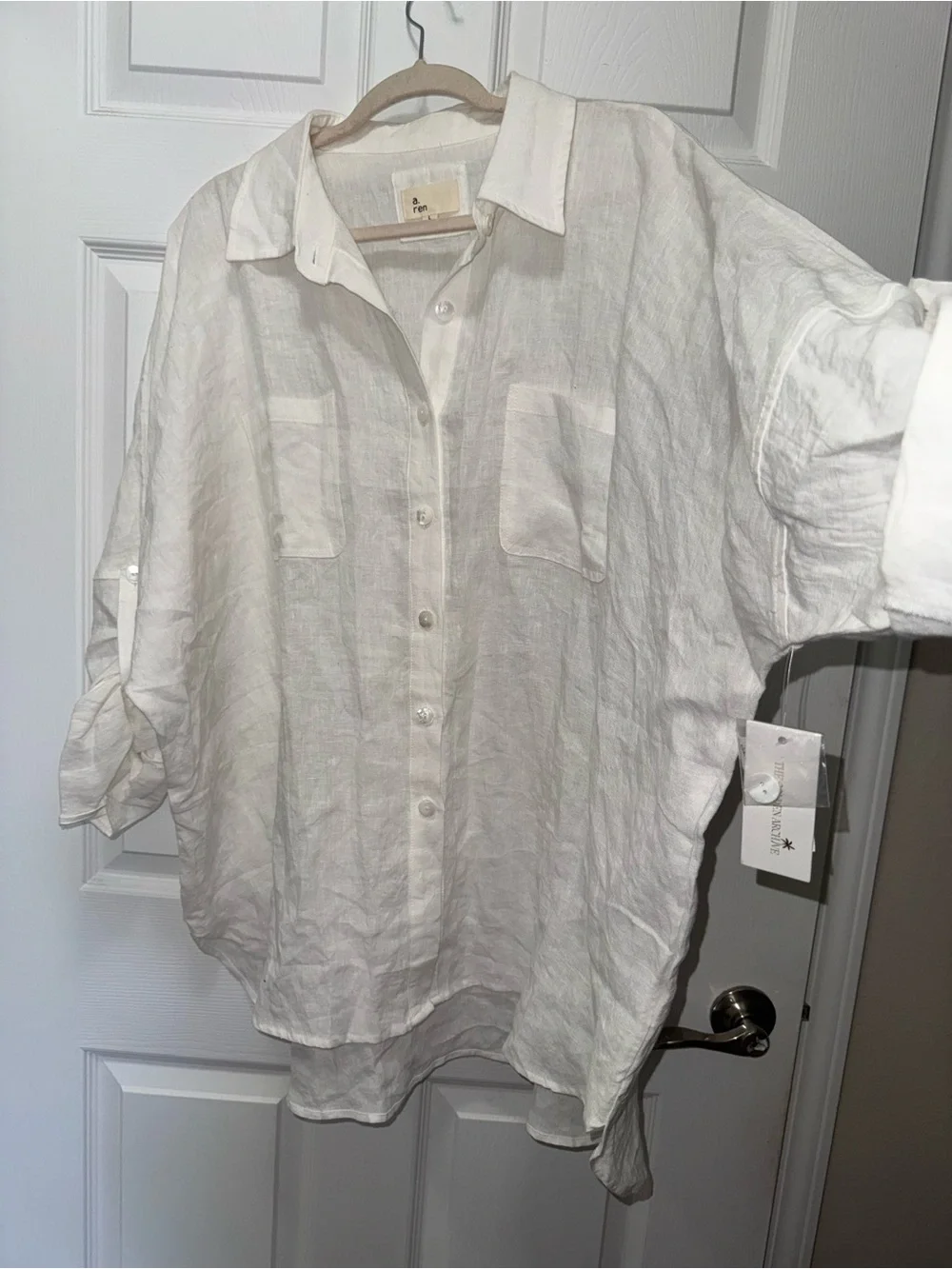 a.ren 100% Linen Boyfriend Shirt White Oversized Resort Beach CoverUp Size Large - Picture 11 of 15